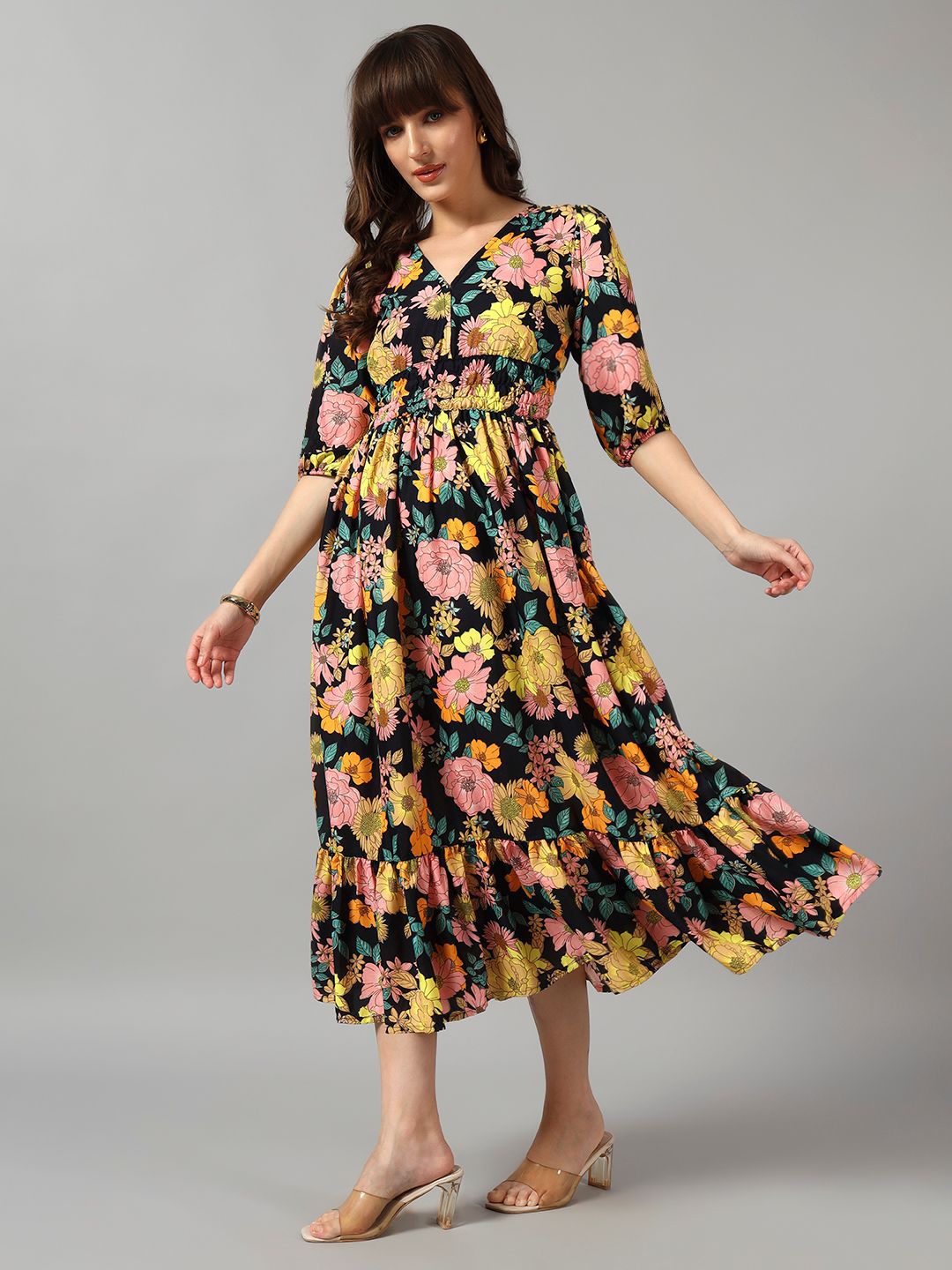 Raiyani Enterprise Women Tiered Floral Printed V-Neck Casual Dress-picture-22