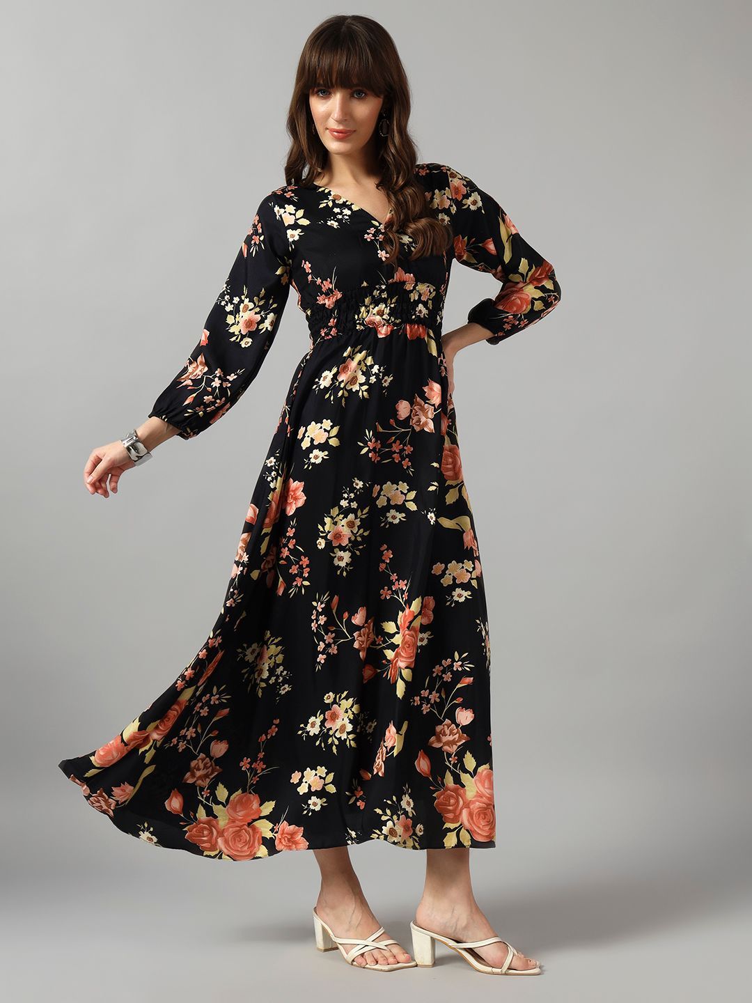 Raiyani Enterprise Women Floral Printed V-Neck Tiered Fit & Flare Dress-picture-18