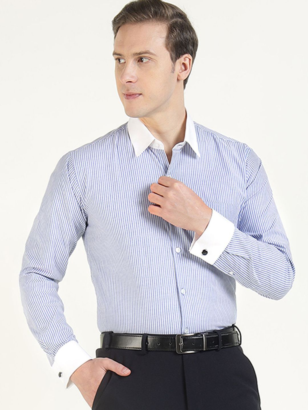 Hancock Men Striped Cotton Stretch Slim Fit French Cuff Formal Shirt-picture-30