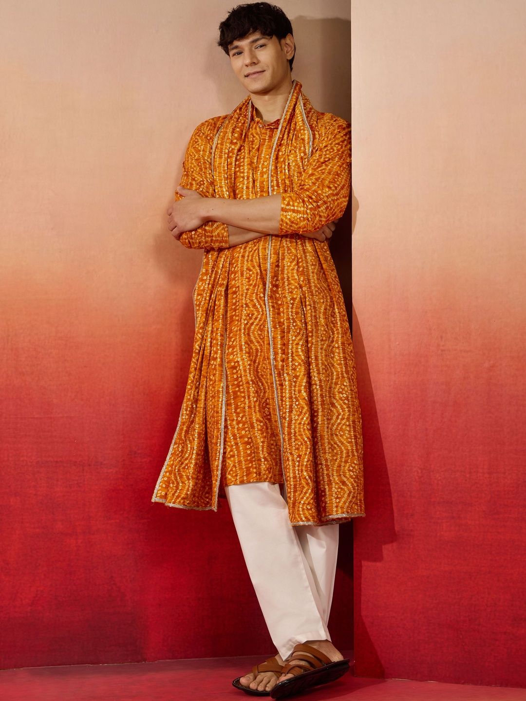 VASTRAMAY Ethnic Motifs Printed Mandarin Collar A-Line Kurta With Trousers & Dupatta