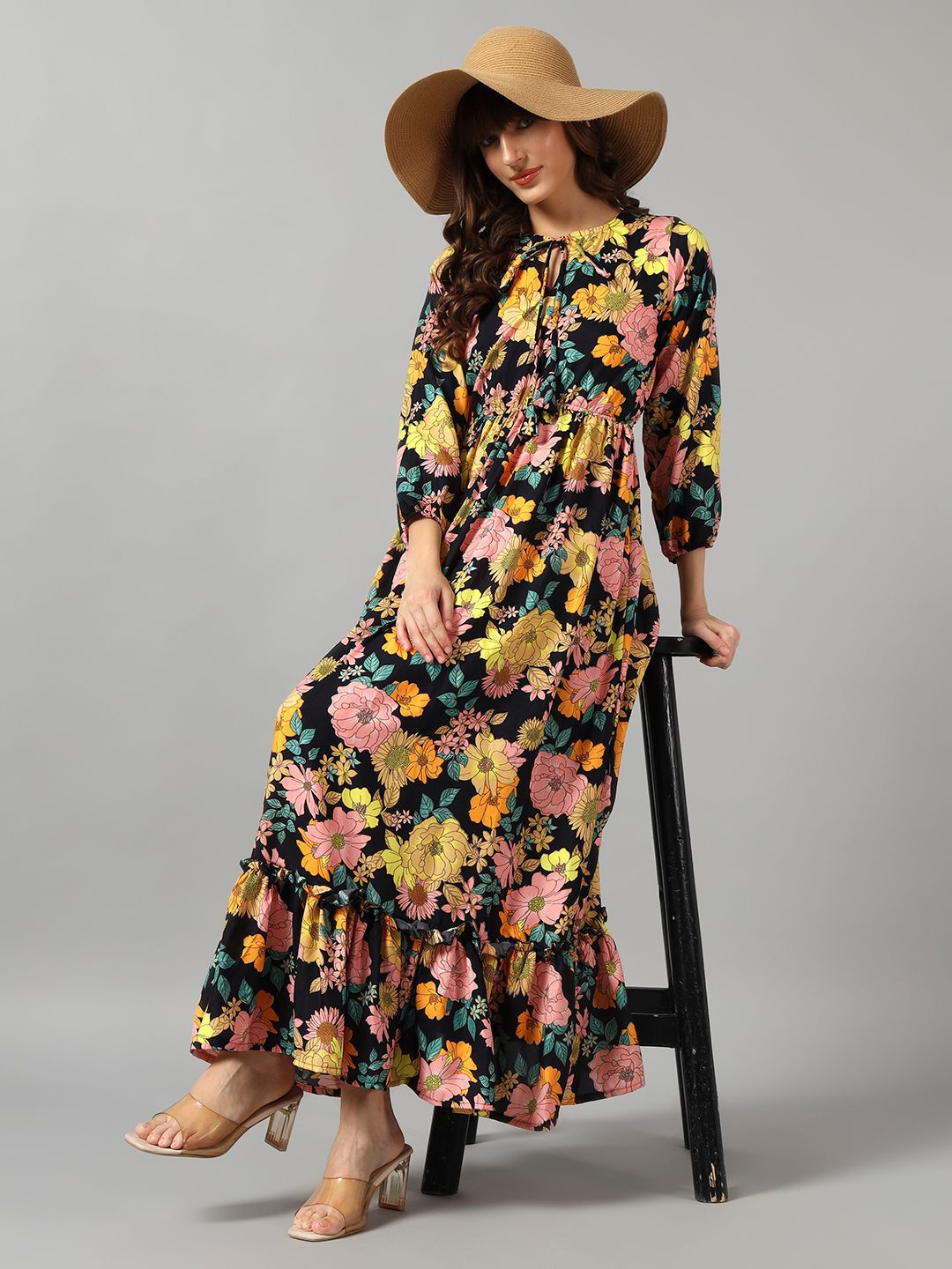 Raiyani Enterprise Floral Printed Tie-Up Neck Puff Sleeves Tiered Midi A-Line Dress-picture-37