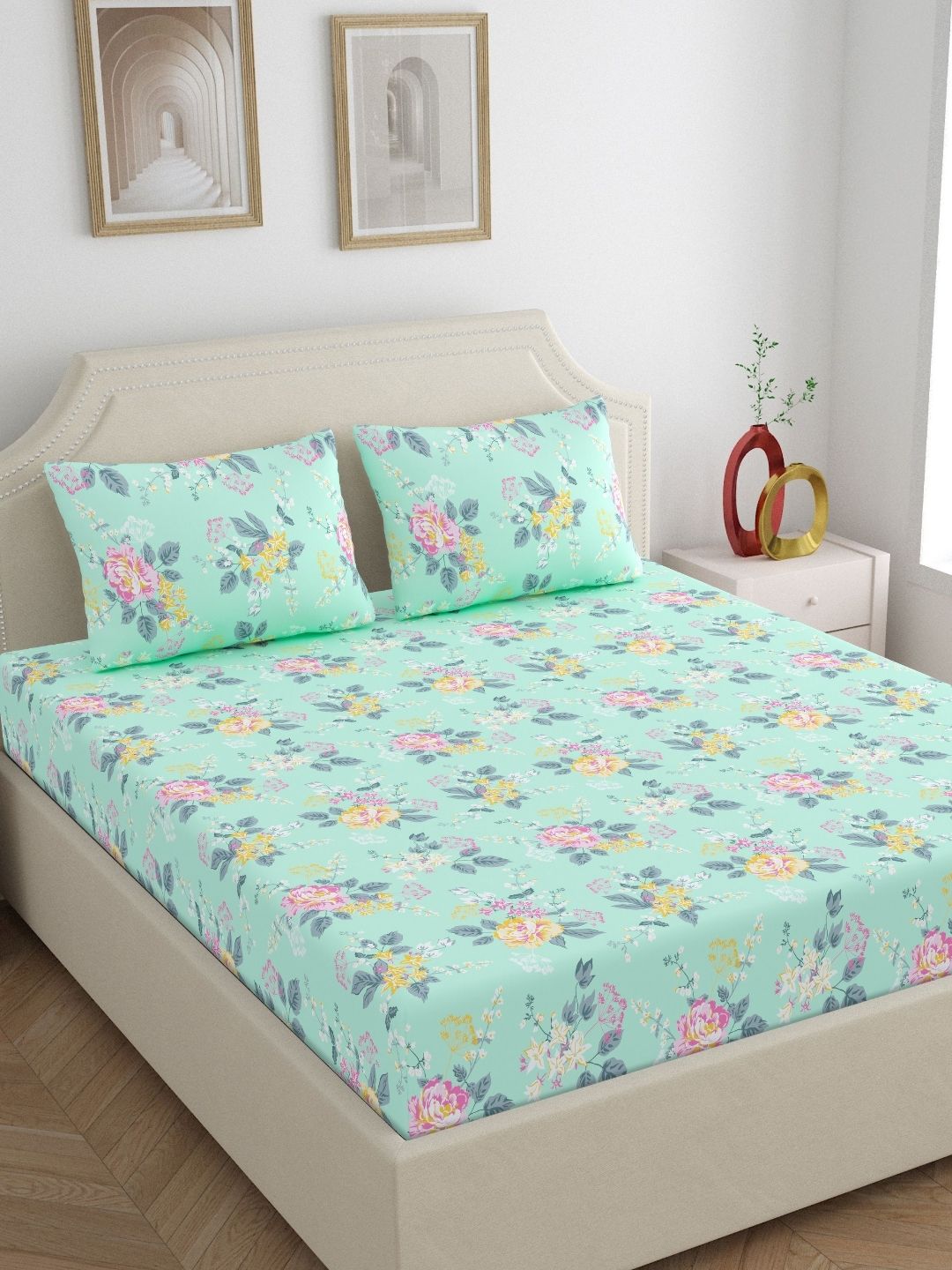 Home Ecstasy Green Floral Print 140 TC Cotton Bedsheet With 2 Pillow Covers-picture-36