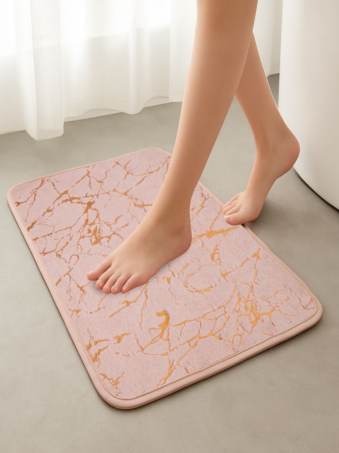 ATAGS Peach & Gold-Toned Printed Water Absorbent Anti Slip Quick Drying Doormat-picture-4