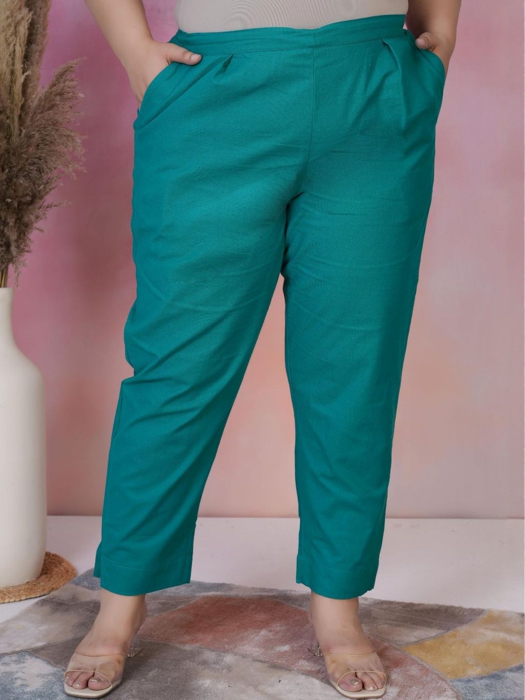 DressBerry Women Green Cotton Solid Regular Trousers-picture-36