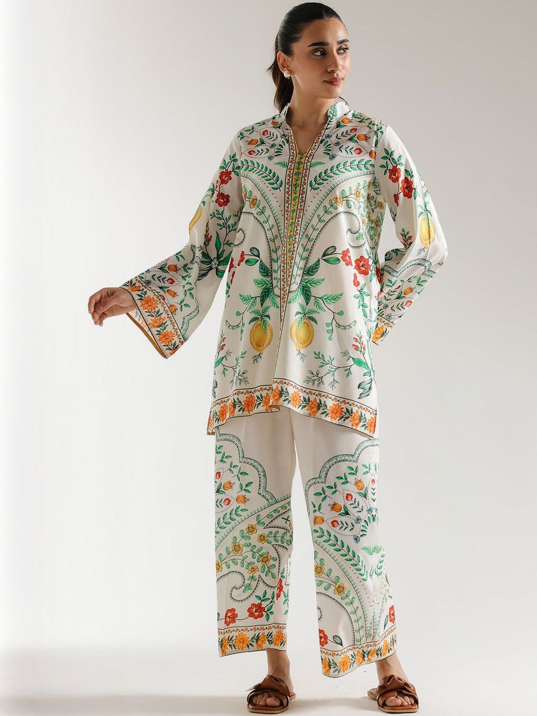 RaFaKHa Floral Printed Mandarin Collar Top With Trousers-picture-19