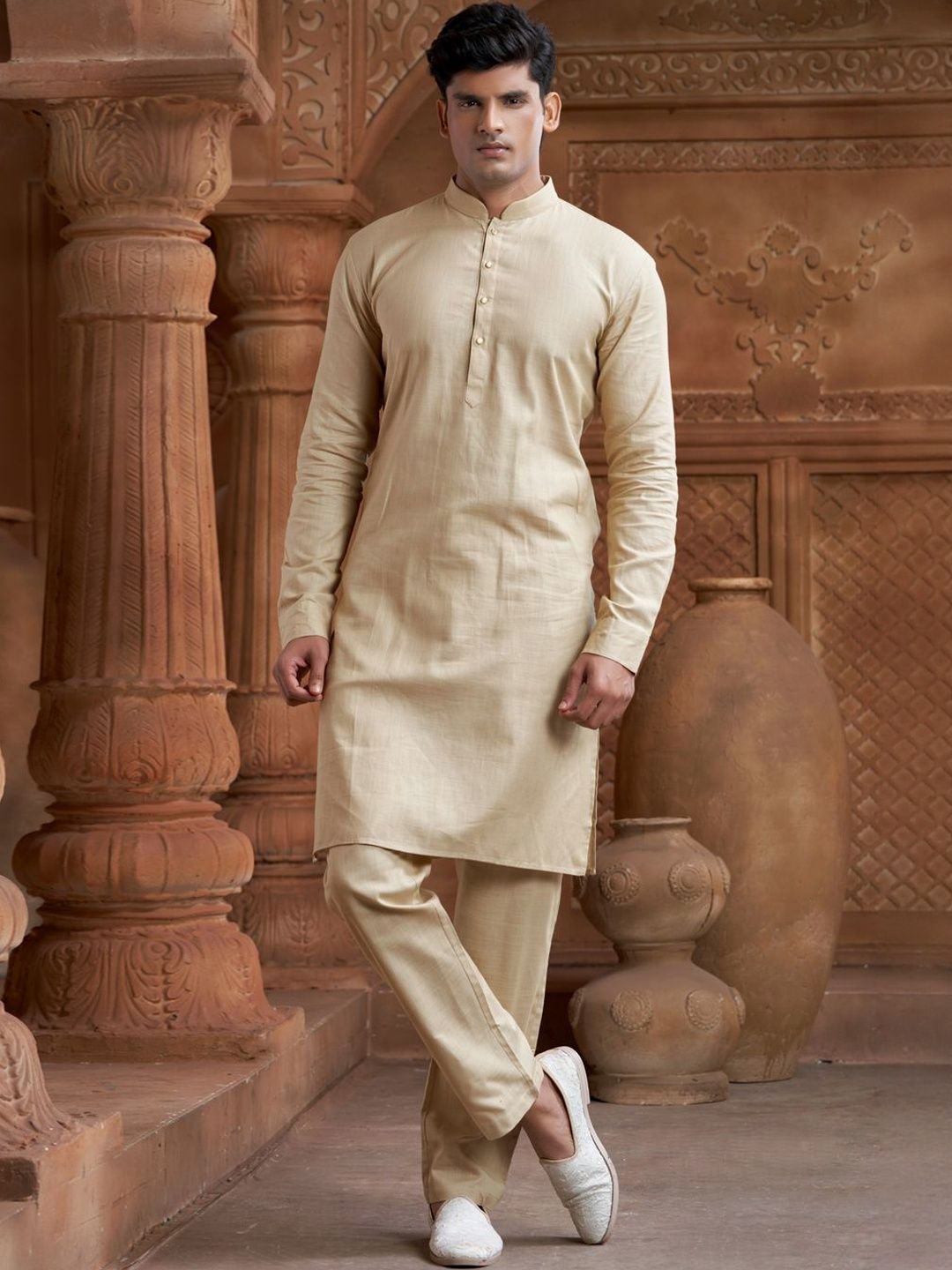 EKATVA ETHNIC Men Fawn Solid Pure Cotton Kurta with Pyjama Set-picture-12