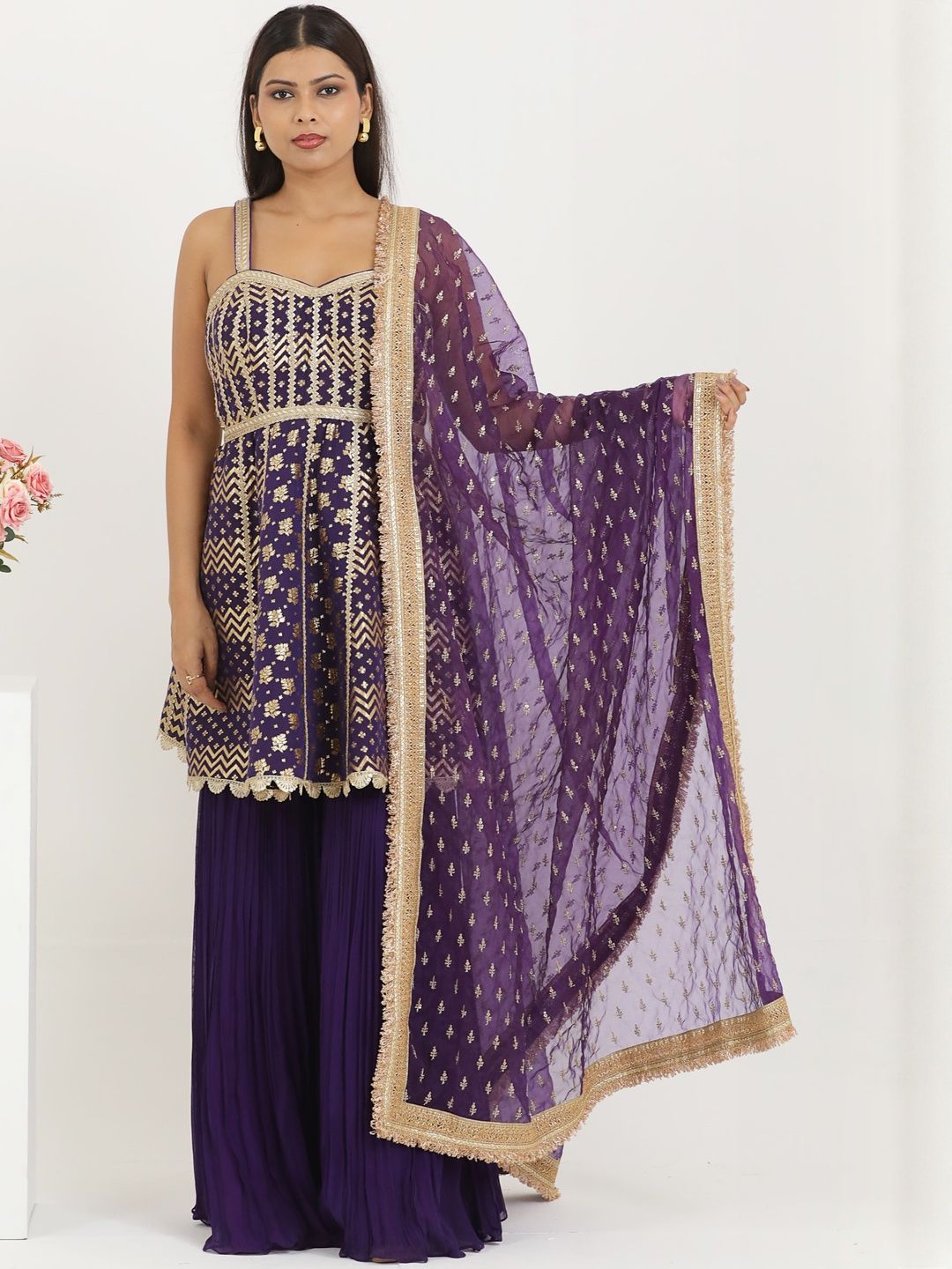 PUSHP PARIDHAN Women Ethnic Motifs Embroidered A-Line Kurta with Sharara & Dupatta-picture-13