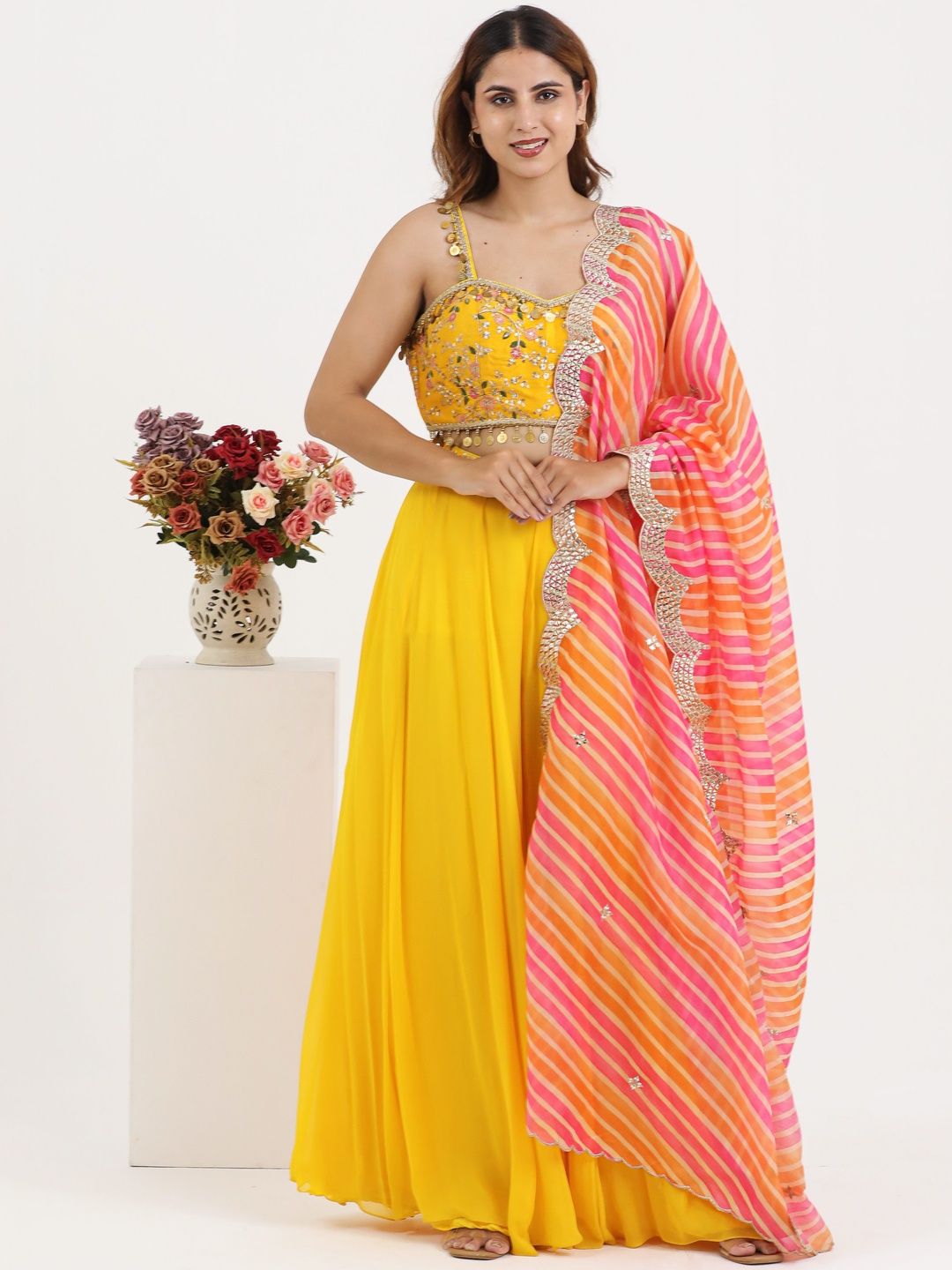 PUSHP PARIDHAN Women Embroidered Regular Raw Silk Kurta with Sharara & Dupatta-picture-15