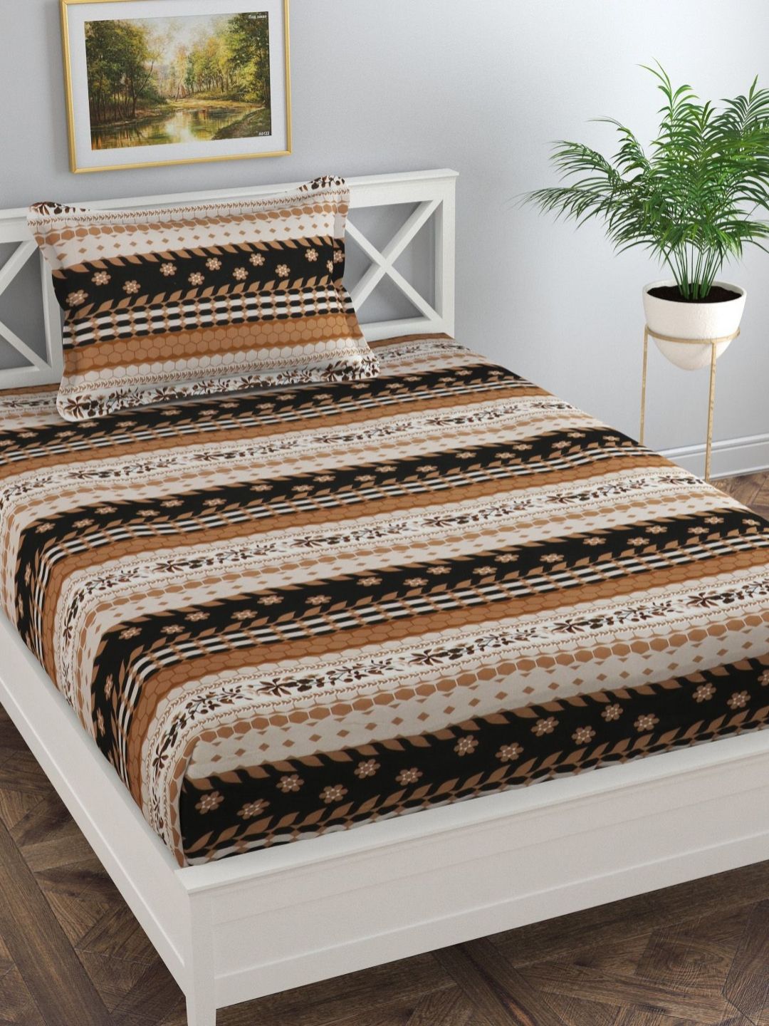 Florida Rust & Mustard Striped 140 TC Single Bedsheet with 1 Pillow Covers-image-47