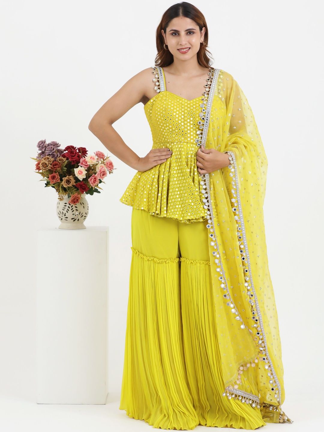 PUSHP PARIDHAN Women Mirror Work Empire Kurti with Sharara Kurta Sets With Dupatta-image-46