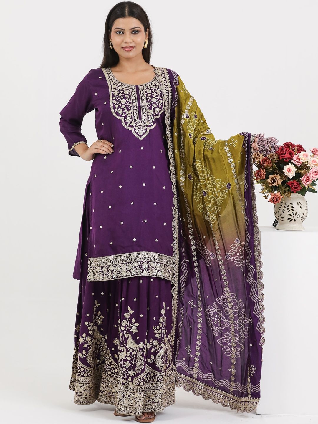 PUSHP PARIDHAN Ethnic Motifs Embroidered Kurta with Sharara & Dupatta-picture-11