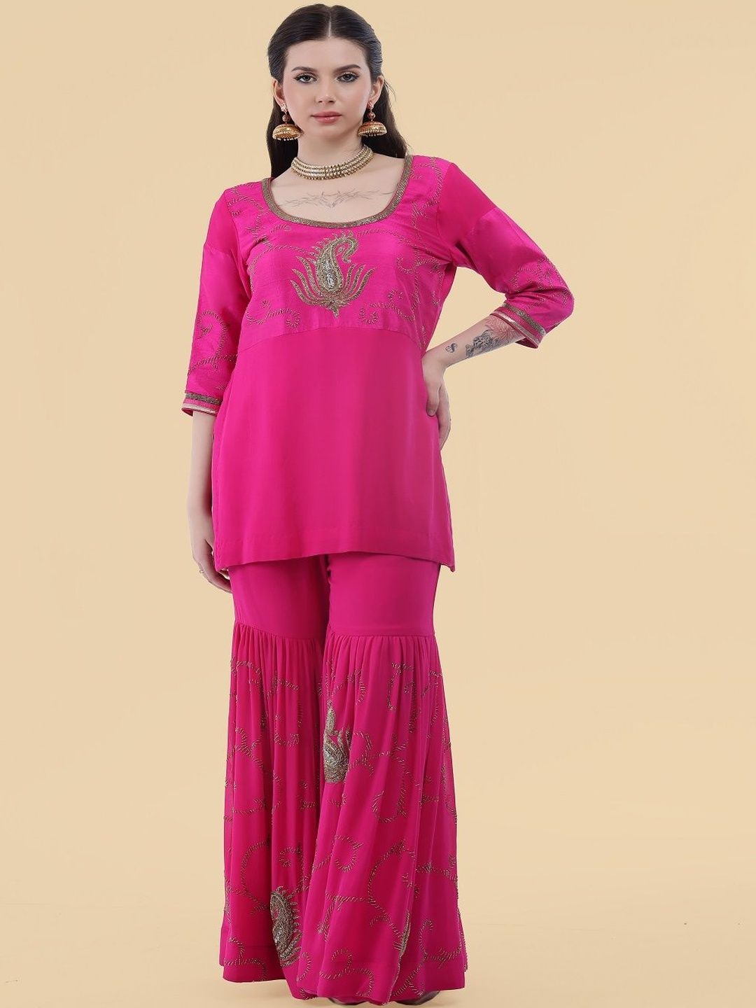 MILU MADAN Women Paisley Embroidered A-Line Kurta with Sharara & Dupatta-image-11