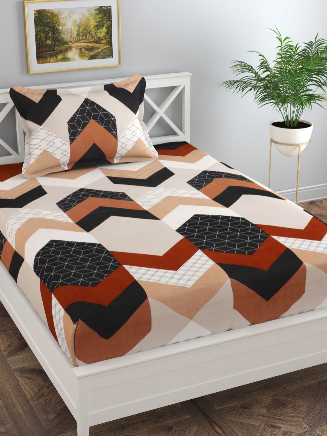 Florida Beige & Maroon Geometric 140 TC Single Bedsheet with 1 Pillow Covers-image-46