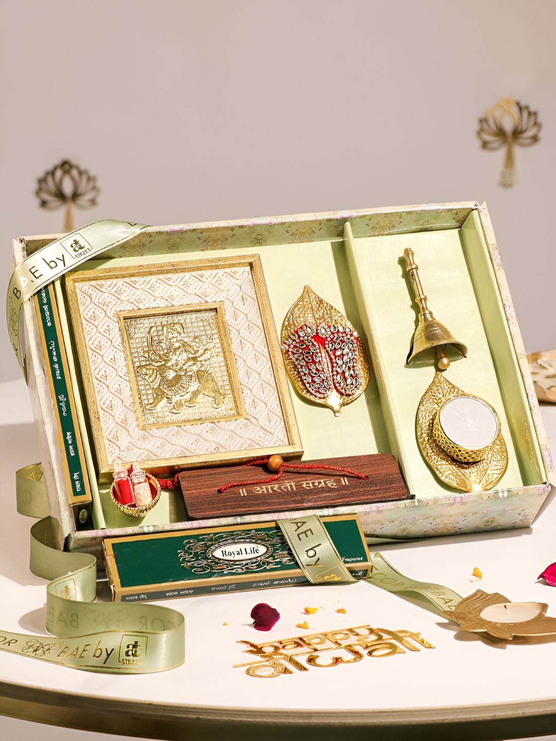 Art Street Gold-Toned & Red 7 Pieces Pooja Hamper Box With Laxmi Ganesh Pooja Hamper Set-image-2