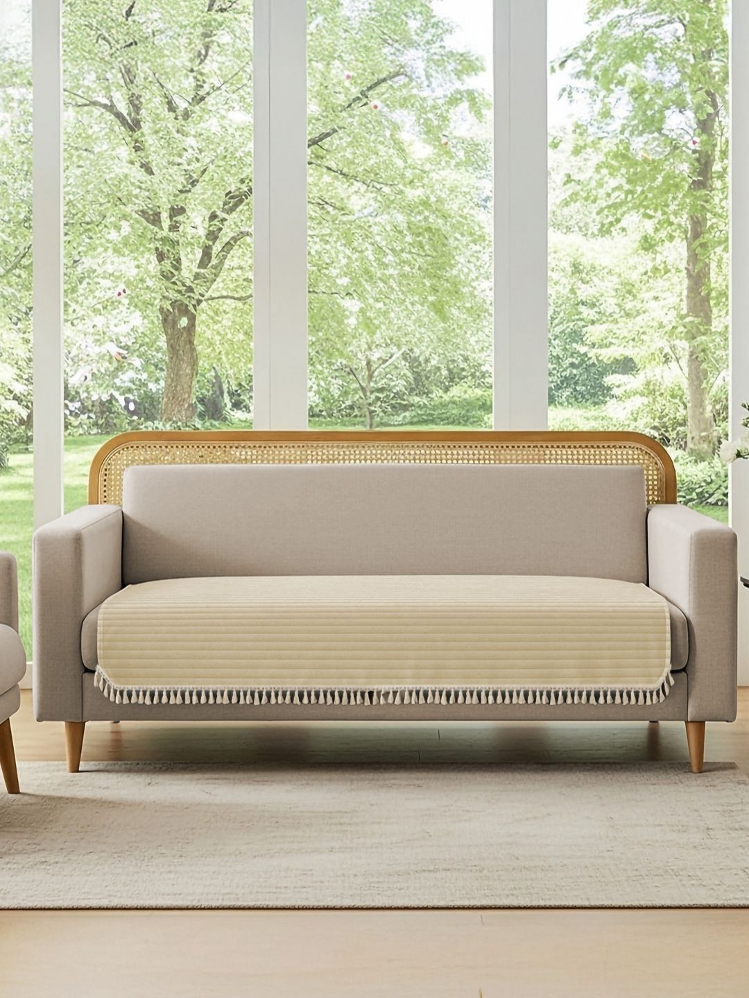 URBAN SPACE Beige & White Quilted Velvet 3 Seater Sofa Cover With Tassels-picture-26