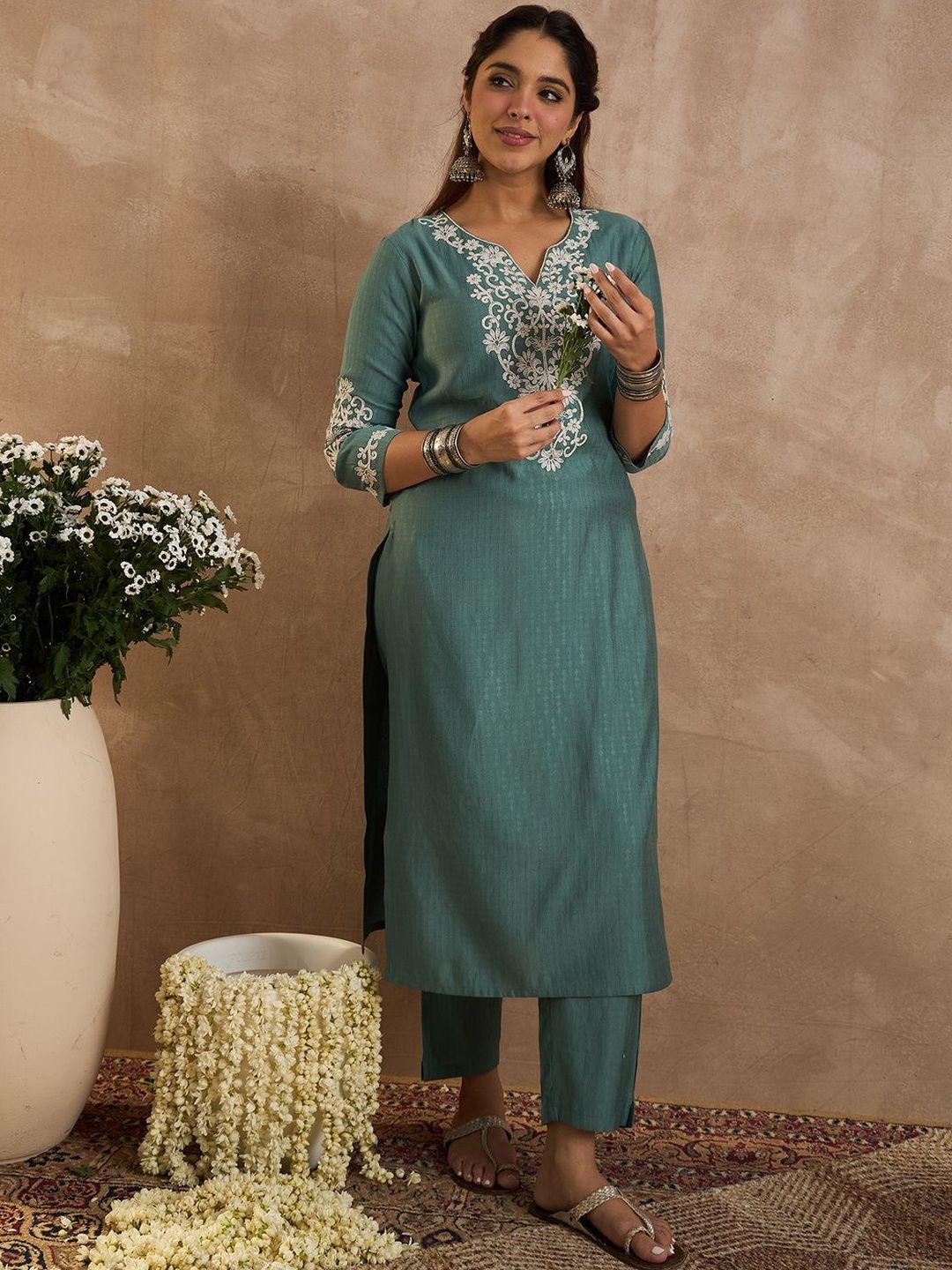 Indo Era Women Ethnic Motifs Embroidered Regular Thread Work Kurta with Trousers-picture-17