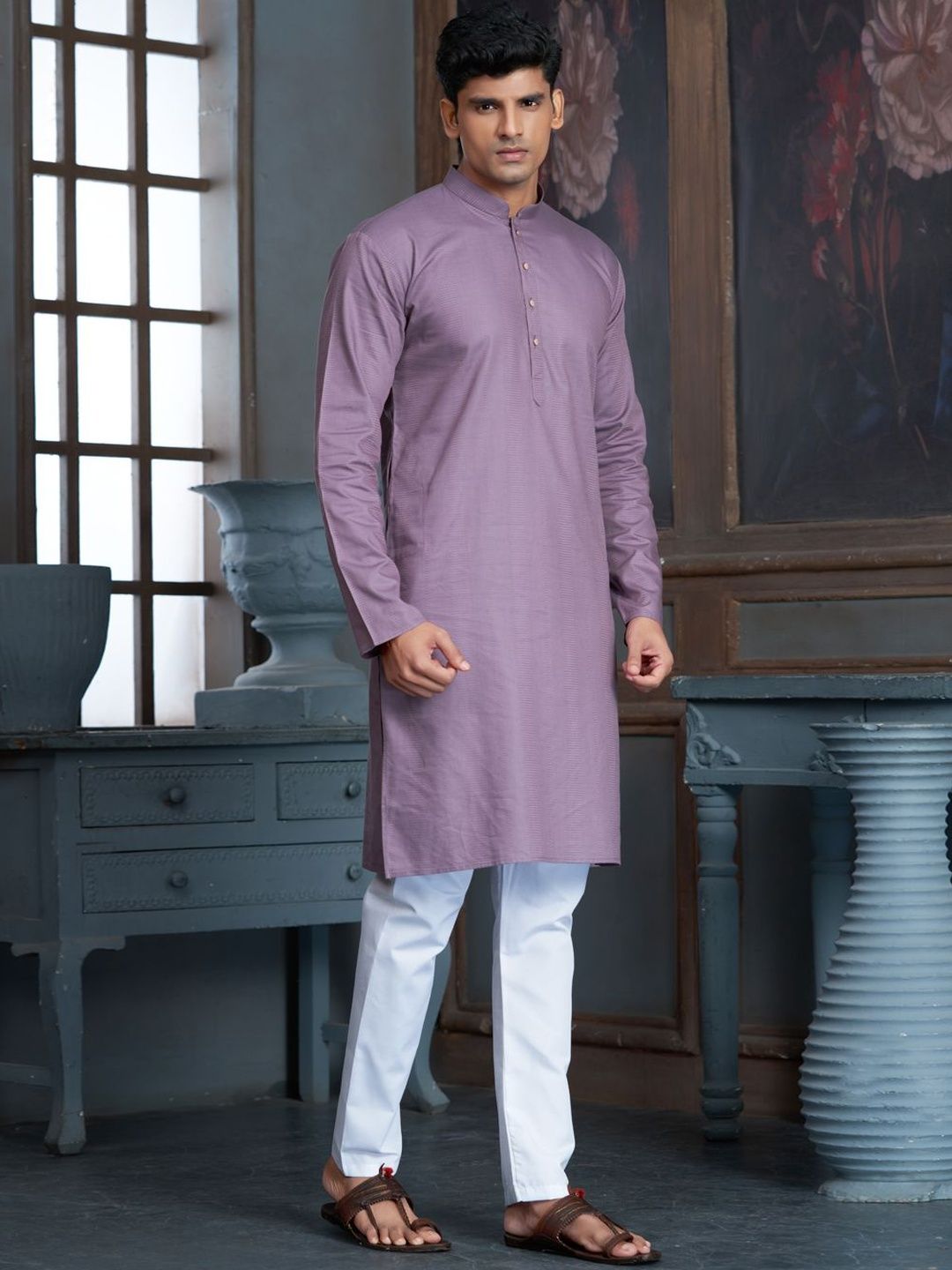 EKATVA ETHNIC Men Lavender Pure Cotton Self Jaquard Kurta & Pyjama Set-picture-25
