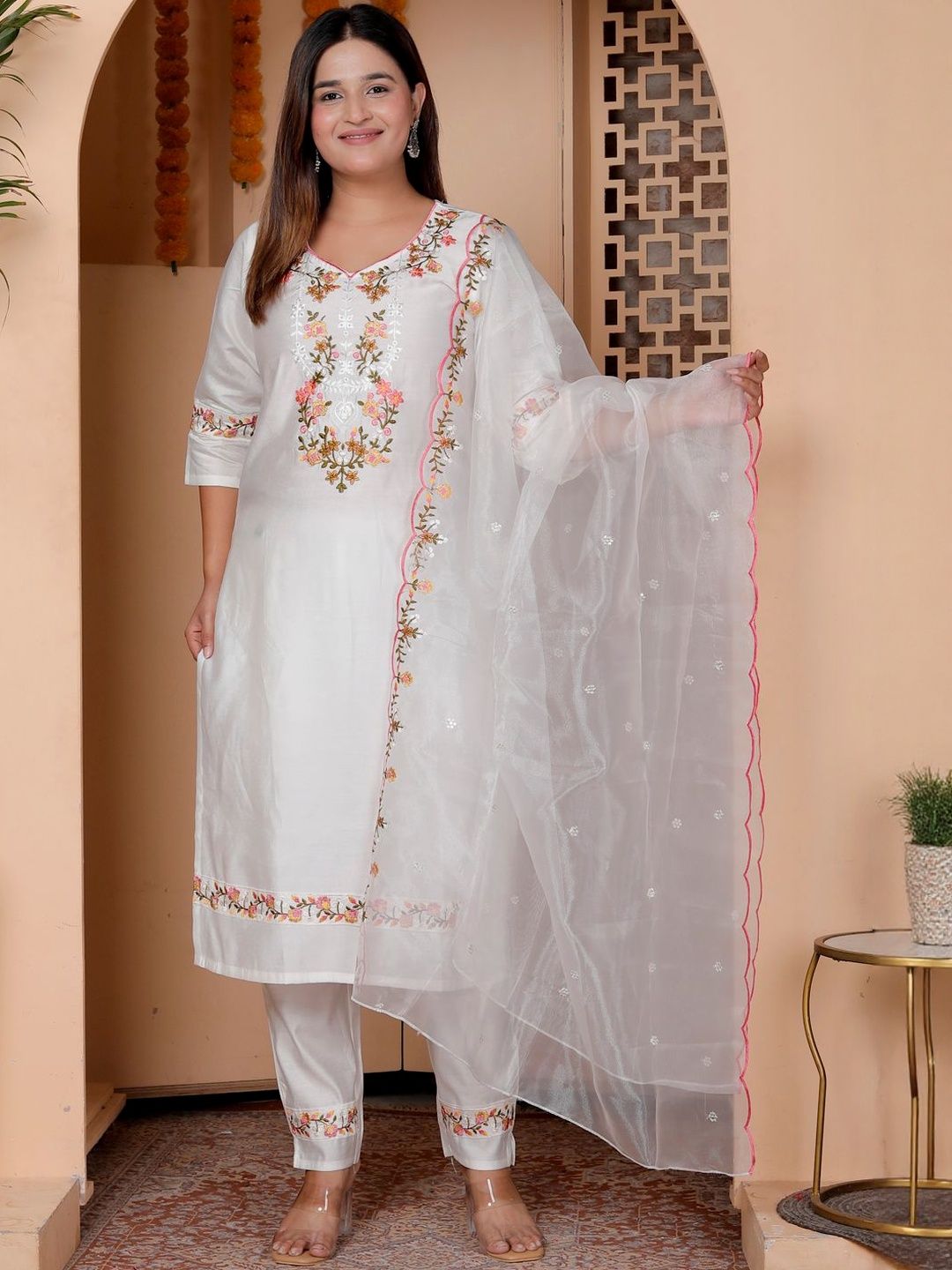 VredeVogel Women Floral Embroidered Viscose Rayon Kurta With Trouser & Dupatta-picture-12