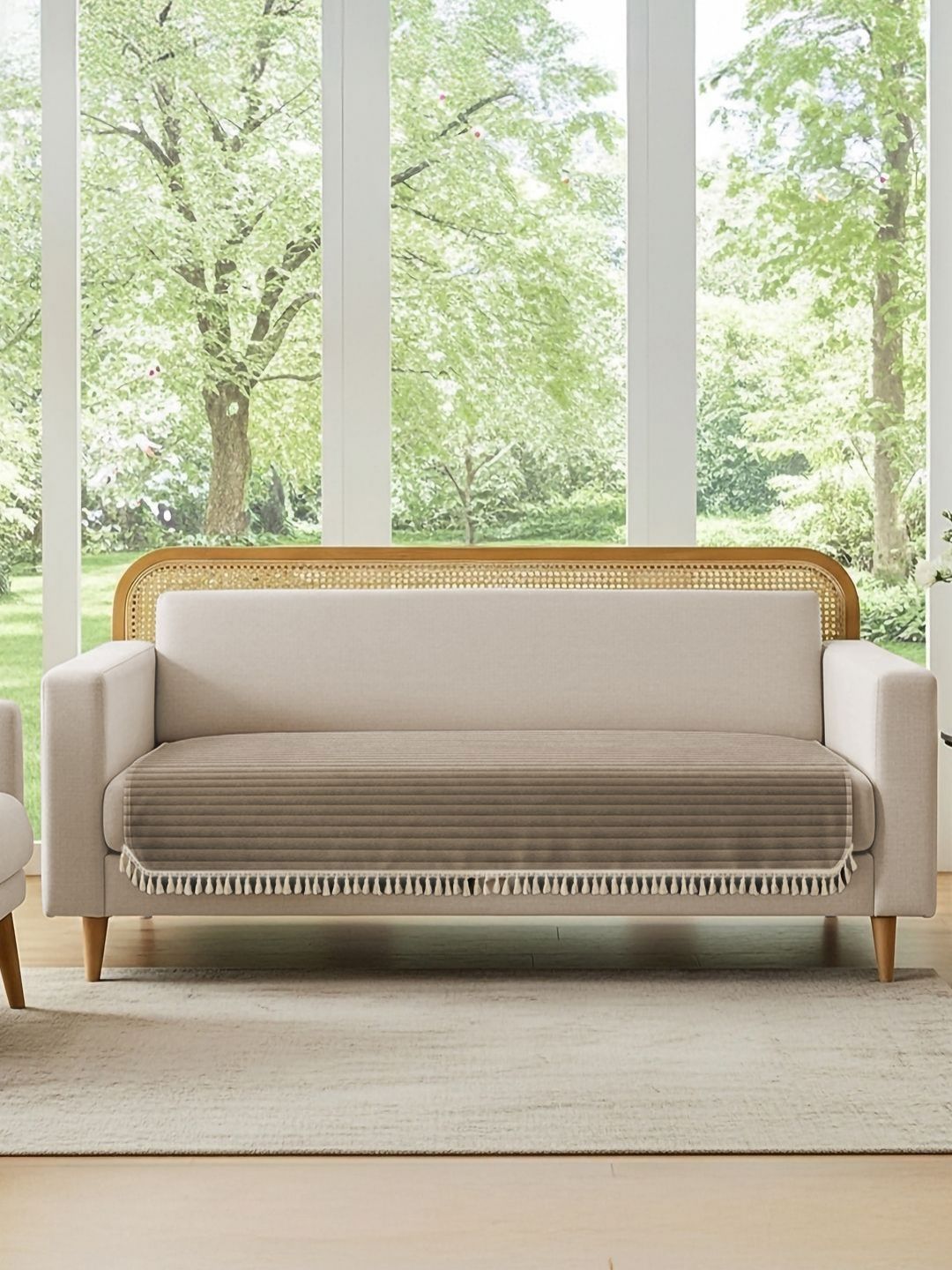 URBAN SPACE Brown & White Quilted Velvet 3 Seater Sofa Cover With Tassels