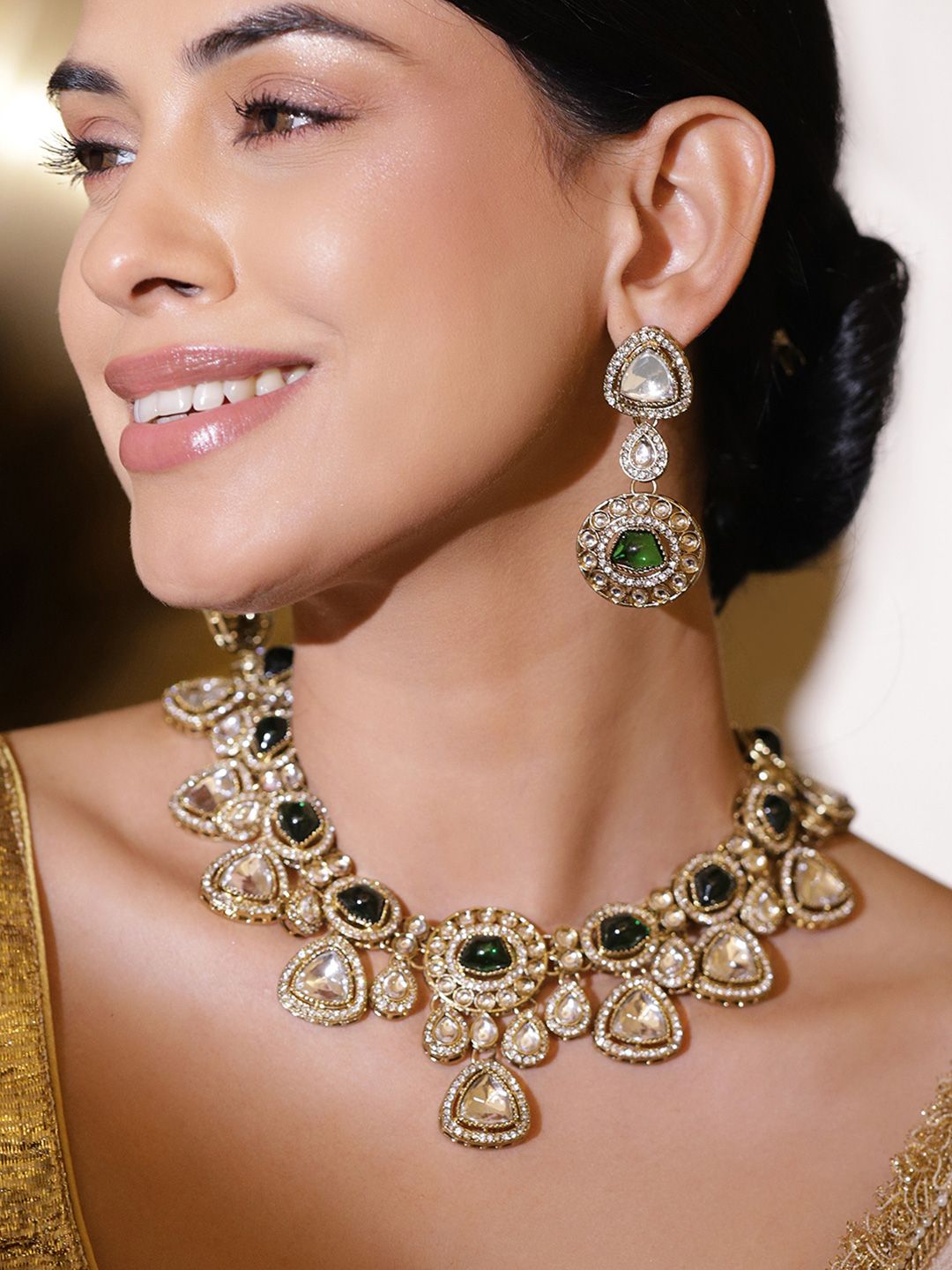 Rubans 22K Gold-Plated Emerald Green and Cubic Zirconia Stones Luxe Statement Necklace Set