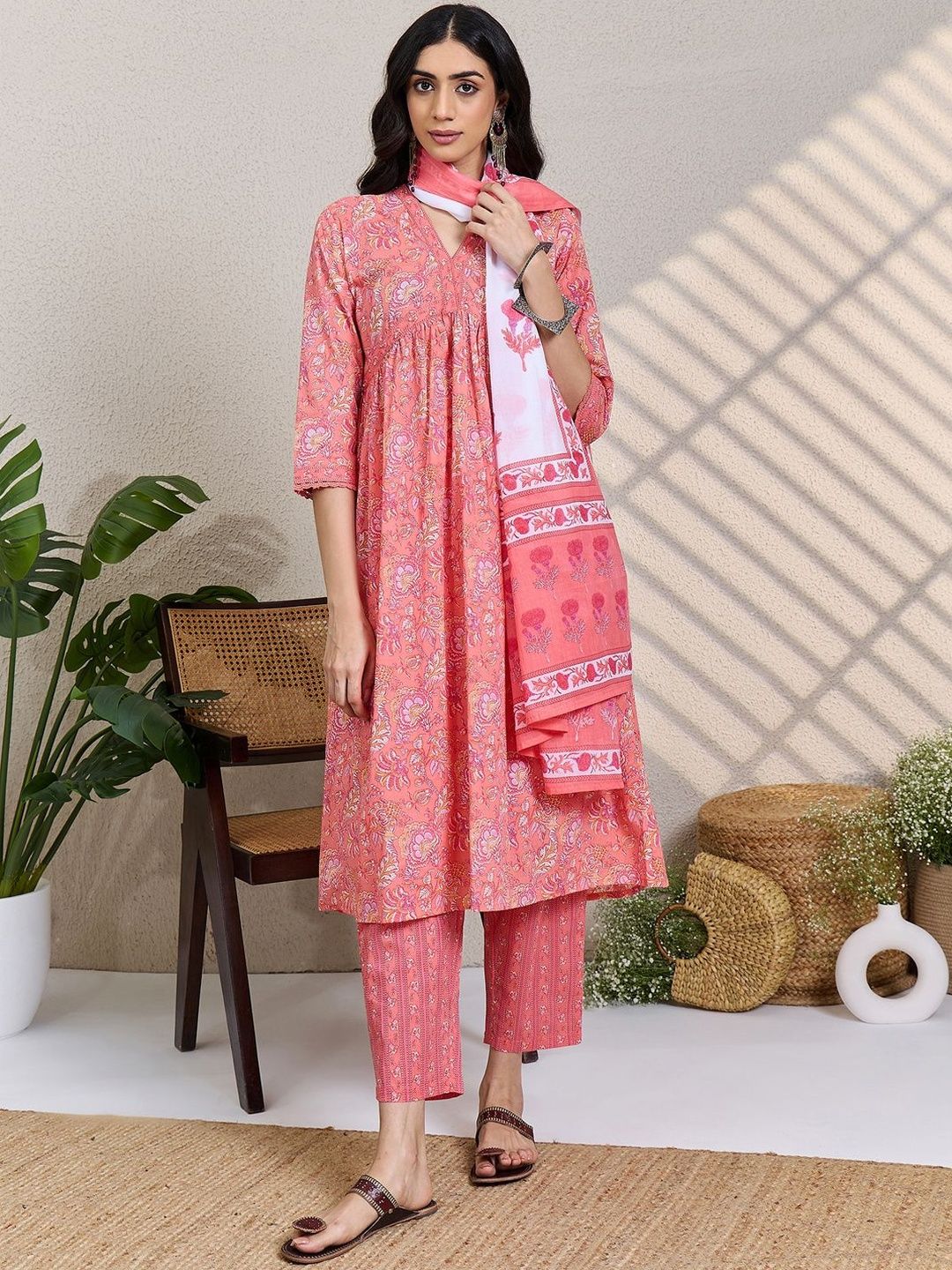 Indo Era Floral Printed Panelled Pure Cotton Kurta With Trousers & Dupatta-picture-13