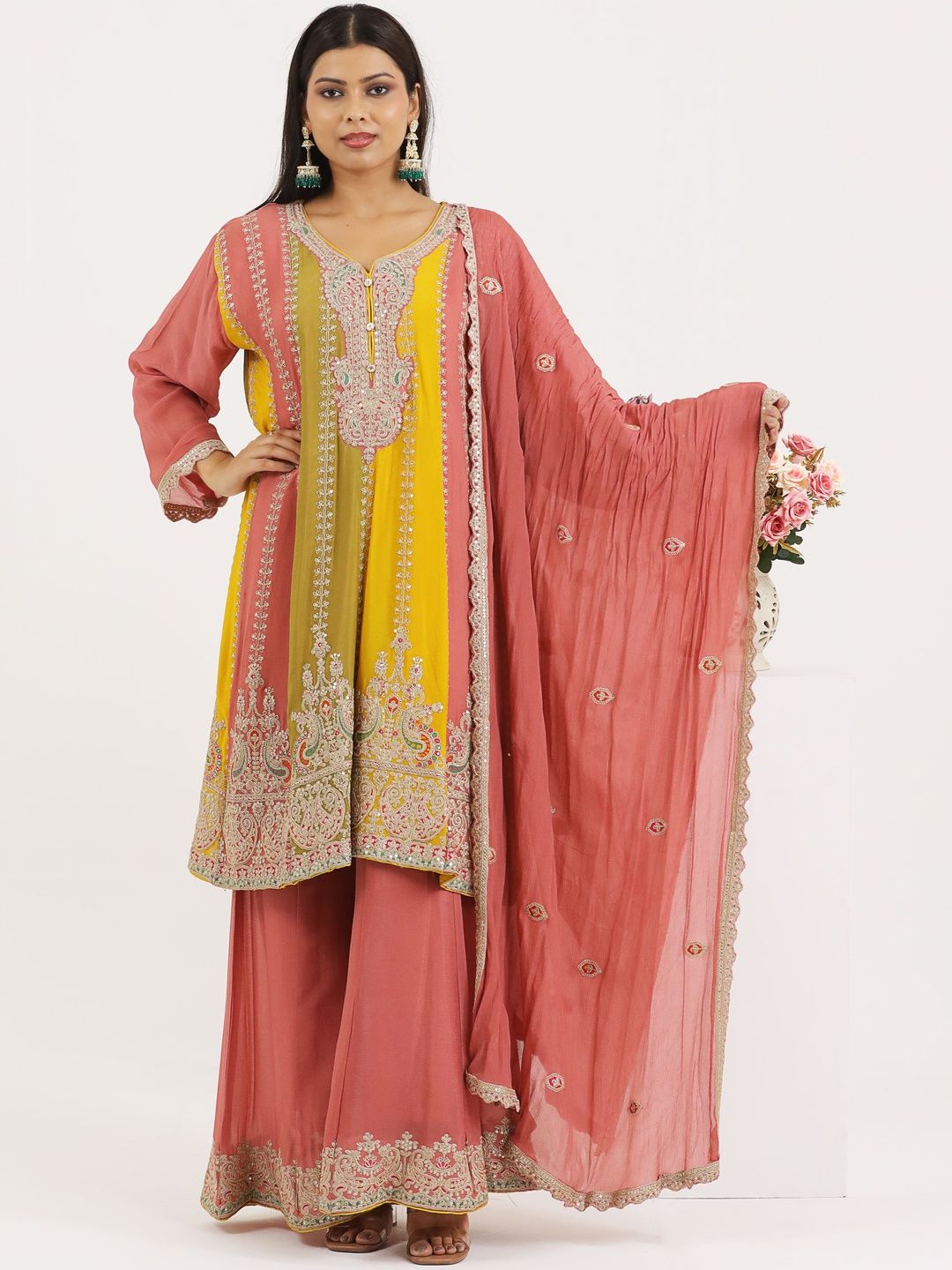 PUSHP PARIDHAN Ethnic Motifs Embroidered Kurta With Palazzo & Dupatta-image-45