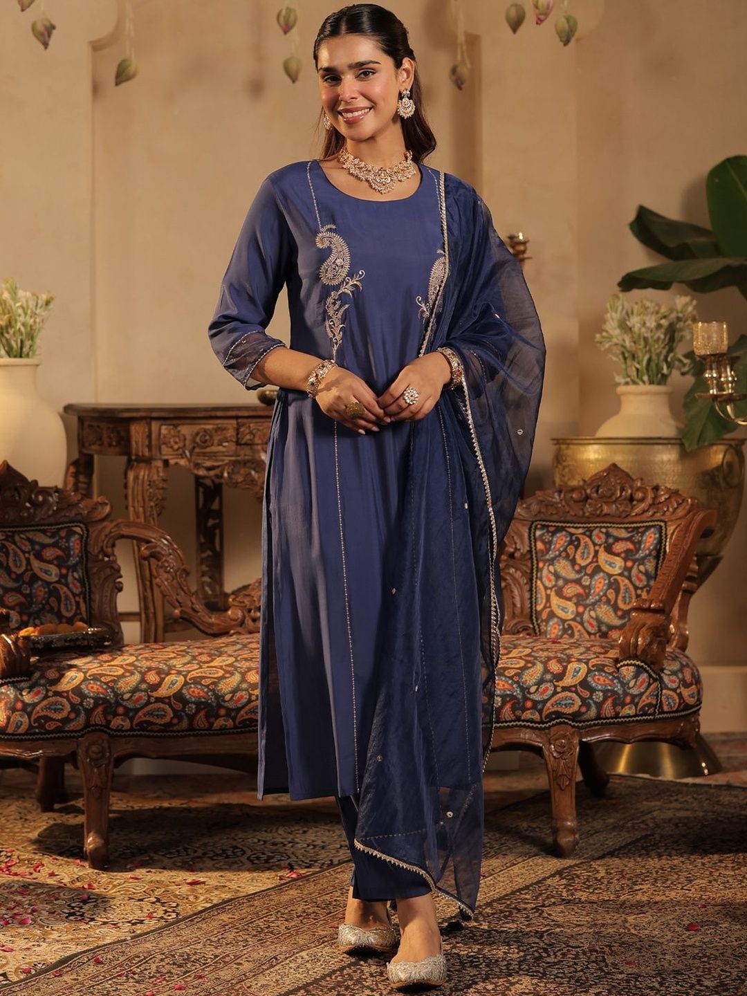 Indo Era Women Paisley Embroidered Sequinned Kurta with Trousers & Dupatta-picture-21