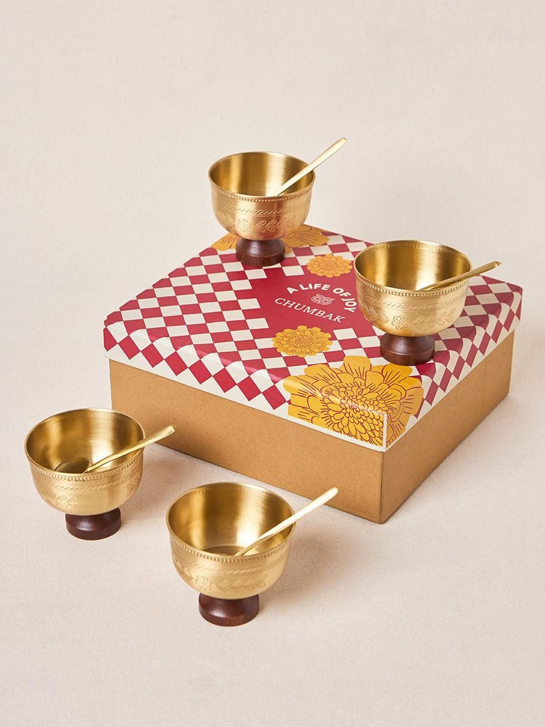 Chumbak Rani Bagh Gold Toned 4 Pieces Brass Dessert Bowl Gift Set 180ml-image-11