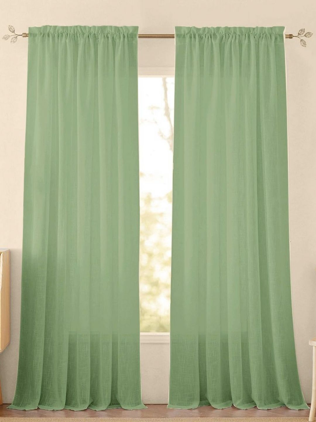 HOMEMONDE Green & White 2 Pieces Sheer Long Door Curtains-picture-31