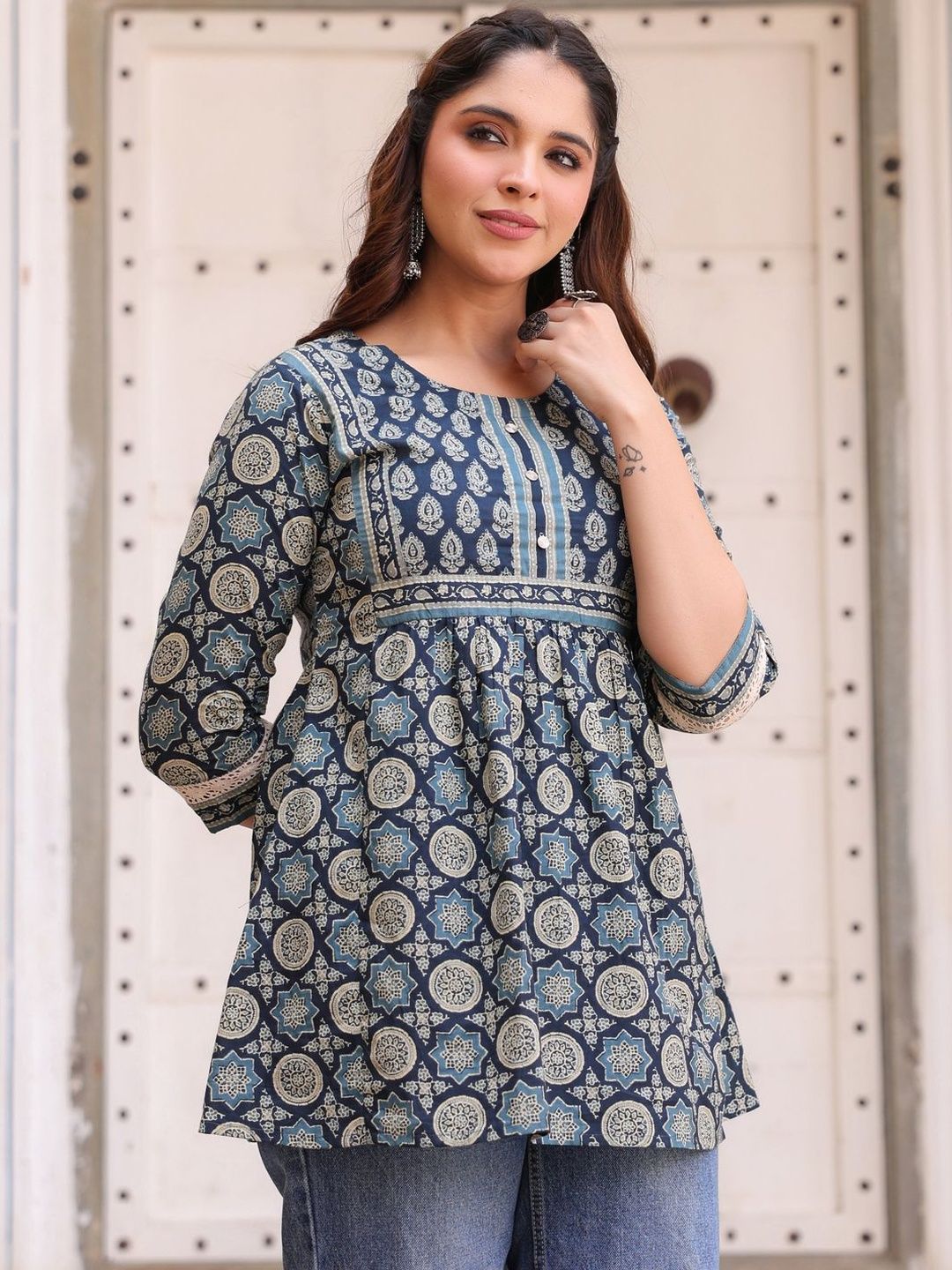 Rain & Rainbow Women Ethnic Motifs Printed Pure Cotton Peplum Top-picture-28