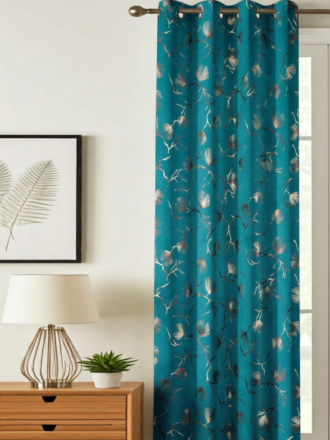 GEET CREATIONS Blue & Gold-Toned Floral Velvet Room Darkening Long Door Curtain-image-11