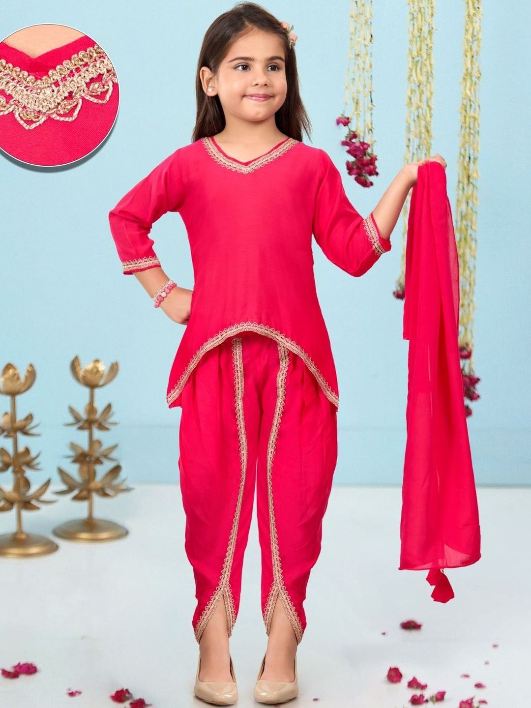 Pehanaava Girls Ethnic Motifs Regular Gotta Patti Pure Cotton Kurti with Dhoti Pants & With Dupatta-picture-17