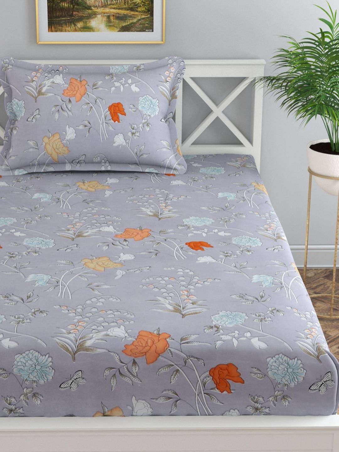 Florida Lavender & Orange Floral Printed 120 TC Single Bedsheet With 1 Pillow Cover-image-49