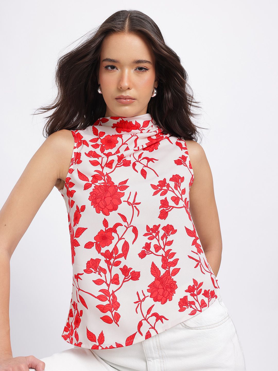 glitchez Floral Print High Neck Asymmetric Hem Top-picture-14