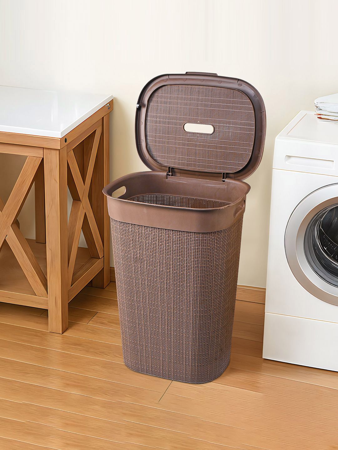 Kuber Industries Brown Woven-Designed Laundry Basket With Lid & Handle 55 L