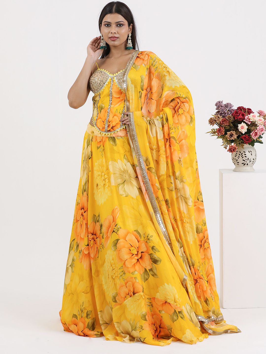 PUSHP PARIDHAN Floral Printed Sequinned Ready to Wear Lehenga & Blouse With Dupatta-picture-19