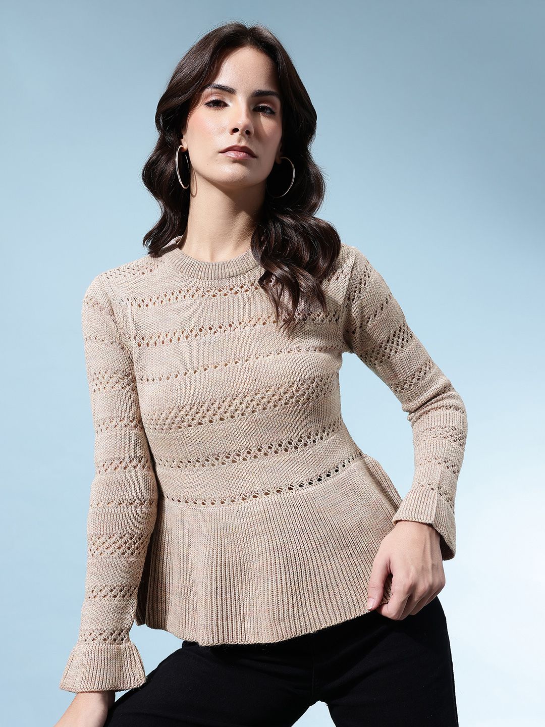 glitchez Open-Knit Acrylic Slim-Fit Peplum-Style Pullover-picture-48