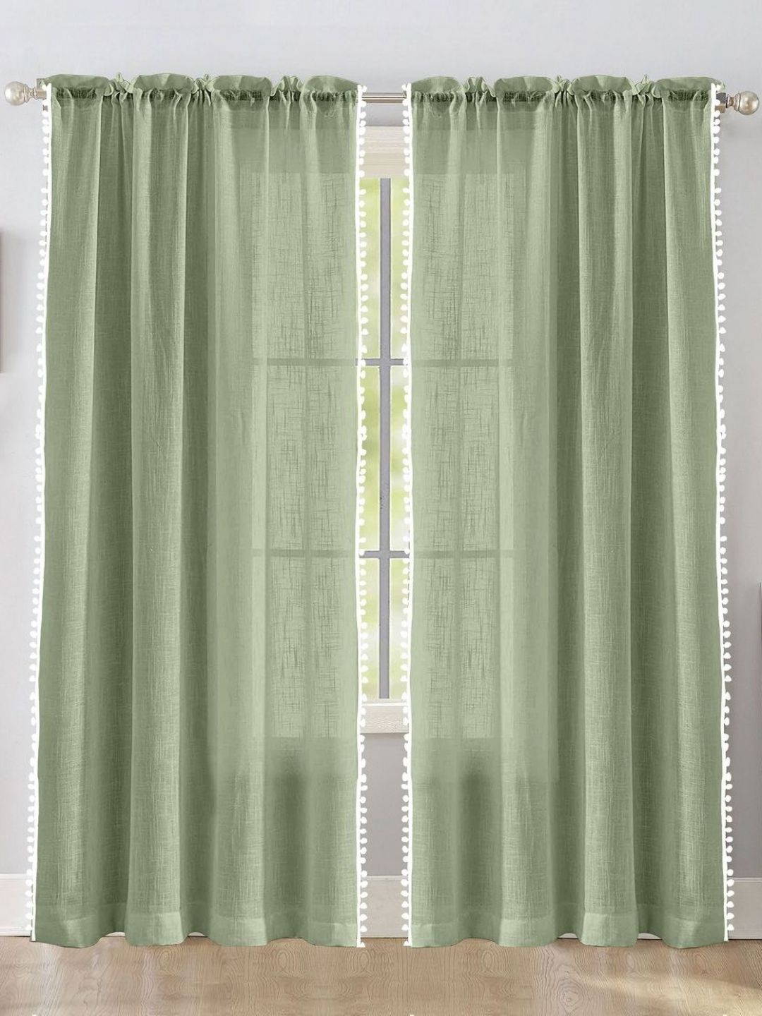 HOMEMONDE Green & White 2 Pieces Sheer Long Door Curtains-picture-34