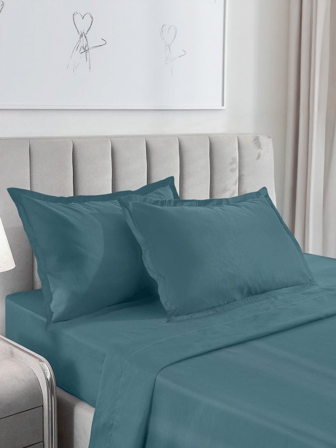enera Blue 600 TC King Size Bedsheet with 2 Pillow Covers-image-4
