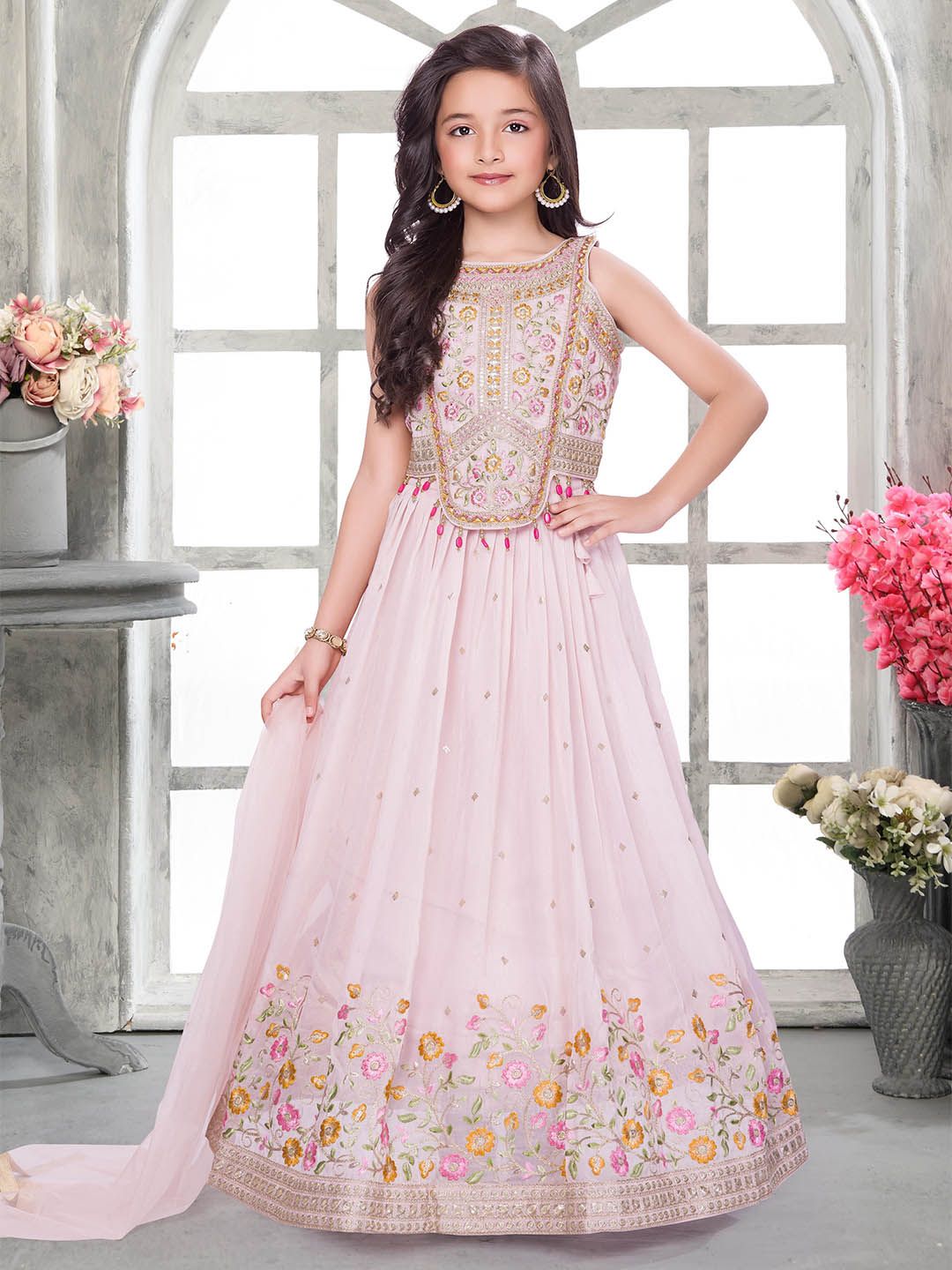 Ministitch Girls Embroidered Thread Work Ready to Wear Lehenga & Blouse With Dupatta-picture-14