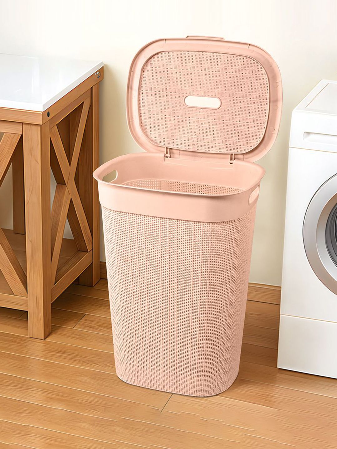 Kuber Industries Cream-Colored Woven-Designed Laundry Basket With Lid & Handle 55L