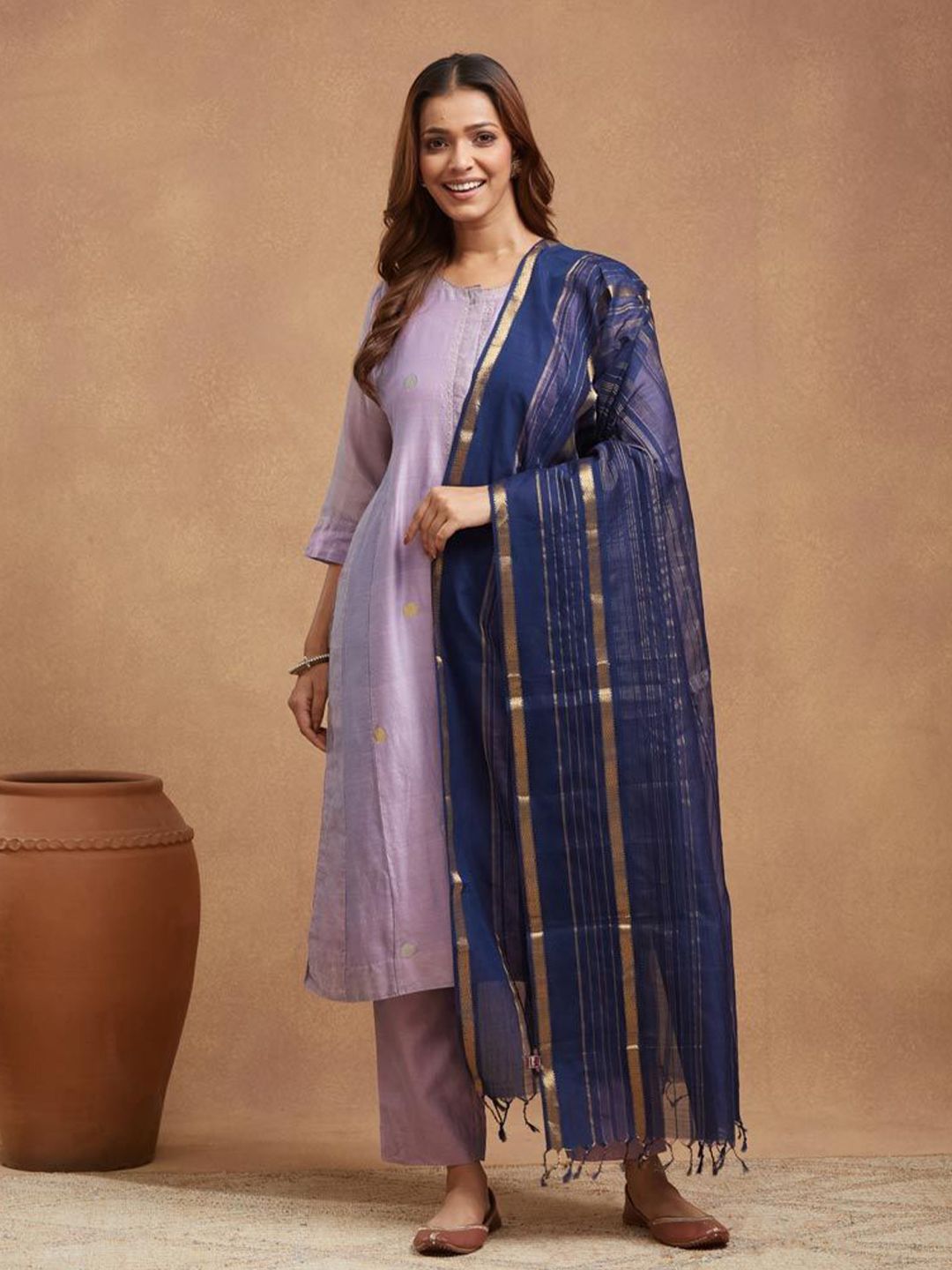 Fabindia Striped Woven Design Zari Cotton Silk Dupatta-picture-18