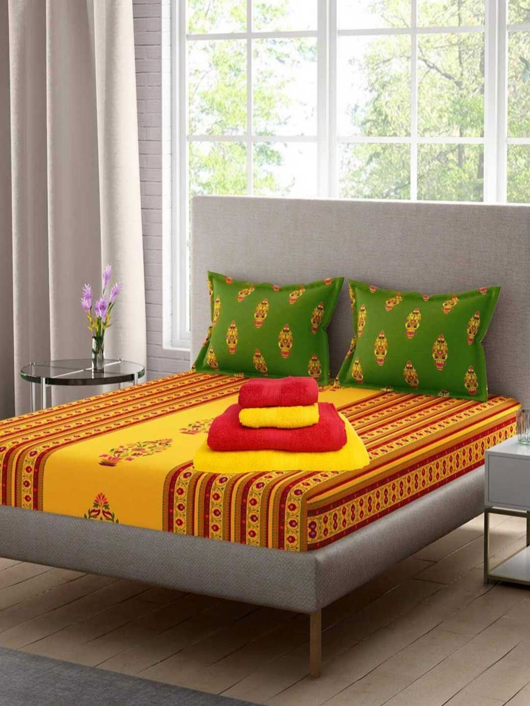 Portico Neeta Lulla Yellow & Gold-Toned Floral 210 TC Cotton Bedsheet Set 2.24 m X 2.54 m-image-30