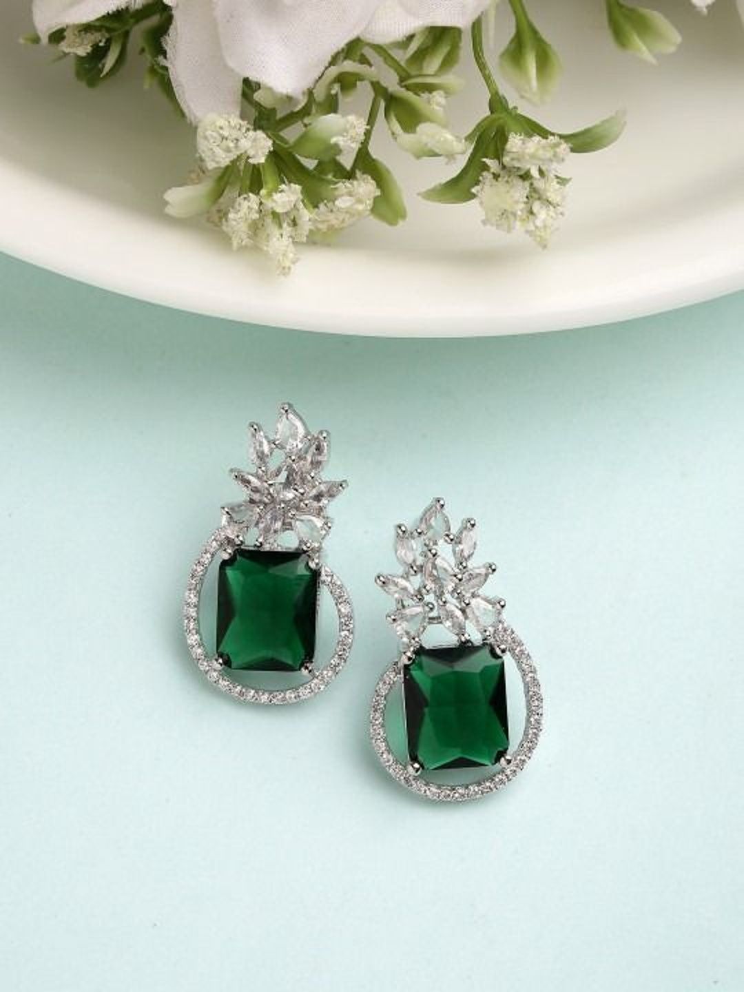 Gemron Jewel Rhodium-Plated American Diamond Studded Square Shaped Studs-picture-14