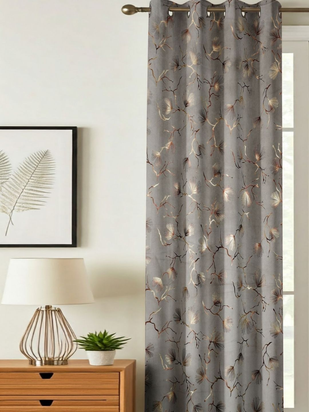 GEET CREATIONS Brown & Gold-Toned Floral Printed Room Darkening Velvet Long Door Curtain-image-41