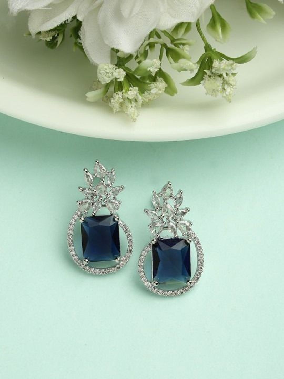 Gemron Jewel Rhodium-Plated American Diamond Studded Square Shaped Studs-picture-21