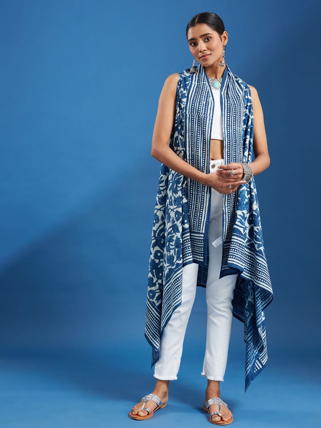 Taavi Women Indigo Printed Pure Cotton Longline Ethnic Shrug-picture-30