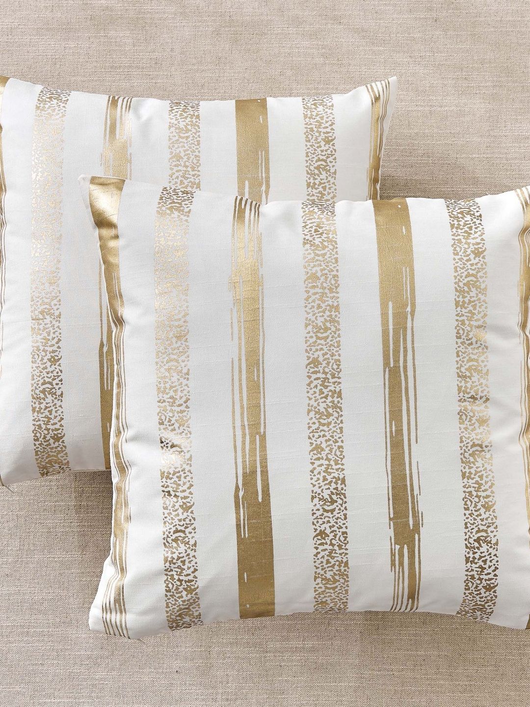 Home Centre Off White & Gold-Toned 2 Pieces Striped Square Cushion Covers-picture-33
