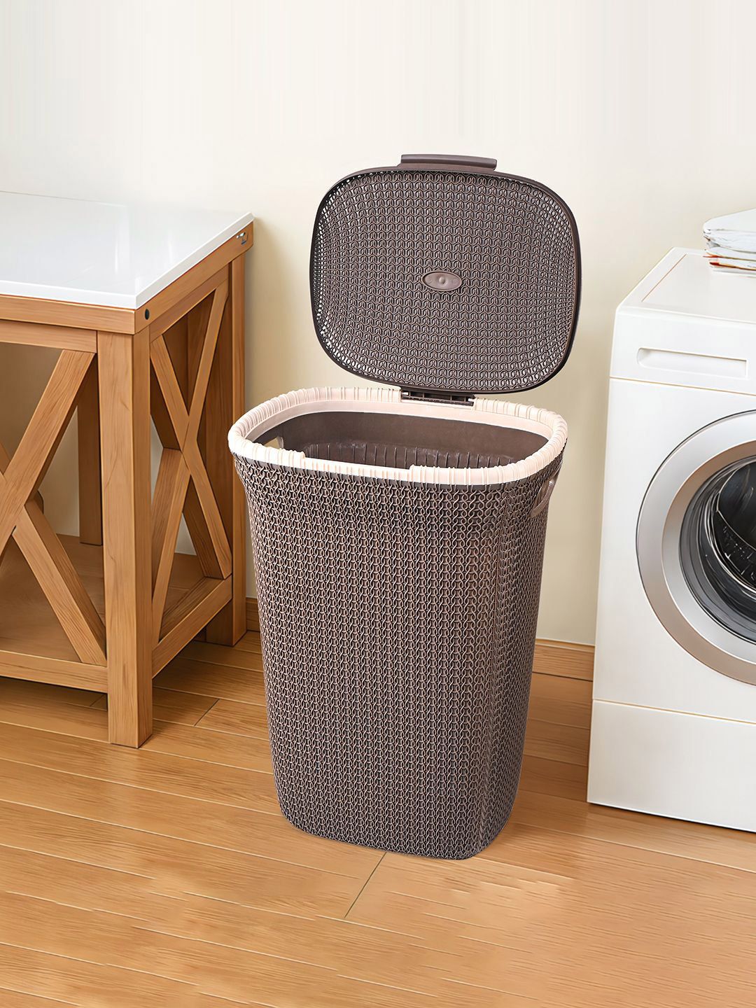 Kuber Industries Marriott Brown & Beige Woven-Designed Laundry Basket With Lid & Handle-picture-22