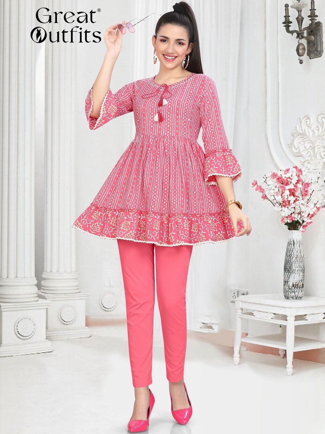 GREAT OUTFITS Floral Printed Tie-Up Neck Bell Sleeves Pure Cotton Kurti-image-9